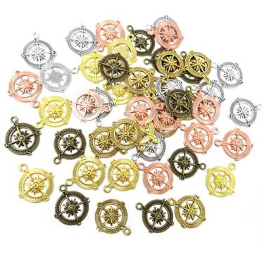 Imagem de Pingentes de liga em forma de bússola criativa, 50 peças, pingente vintage, cores misturadas, acessórios para bijuterias para pulseira DIY, colar, artesanato, 5 cores"