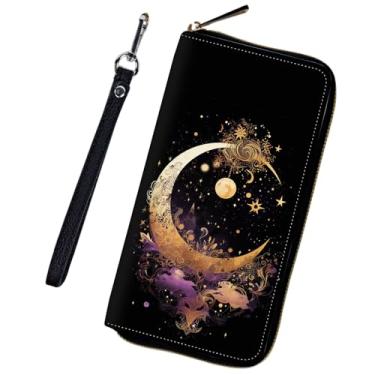 Imagem de FUYOCWE Carteira feminina de pulso com bloqueio de RFID, carteira de couro com zíper ao redor de grande capacidade, porta-cartão de crédito, bolsa de mão longa feminina - estrela da lua dourada