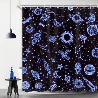 Imagem de Ufeela Cortina de chuveiro infantil planetas 152 x 182 cm C para meninos desenho animado néon espaço sideral estrela sistema solar universo galáxia legal conjunto de banheiro astronauta foguete
