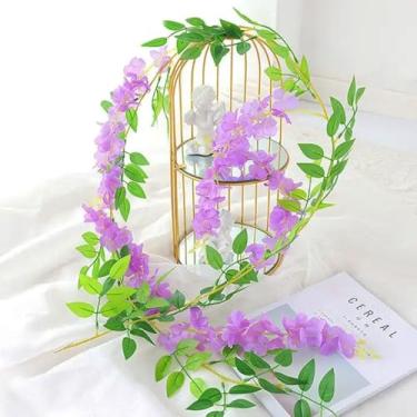 Imagem de 1 peça, cordão de flores, 190 cm, guirlanda de videira artificial, arco de casamento, decoração de casa, planta falsa, rattan e flores de parede (roxo claro)
