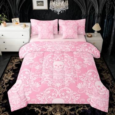 Imagem de Feelyou Conjunto de edredom completo de caveira gótica com estampa de damasco com 7 peças, rosa e branco, microfibra leve e macia