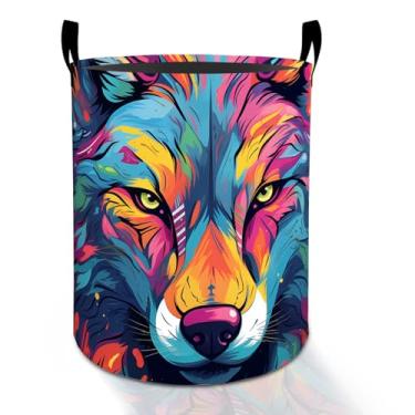 Imagem de Cesto de roupa suja colorido de lobo para meninos, meninas, crianças, adultos, caixa de armazenamento de roupas Oxford, dobrável, impermeável, organizador de arte de animais selvagens, para quarto