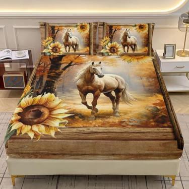 Imagem de AILONEN Jogo de lençol solteiro, cavalo branco 3D, estampa de girassol, floresta selvagem, cavalo galopante, lençol com bolso profundo + 2 fronhas, 3 peças