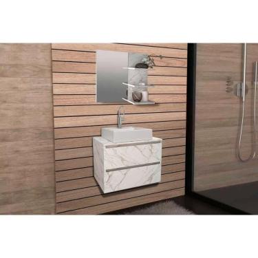Imagem de Armário C- Balcão Banheiro Suspenso Bn3607 S-cuba 60cm E Espelho Bn3608 Mármore Branco - Tecno Mobili
