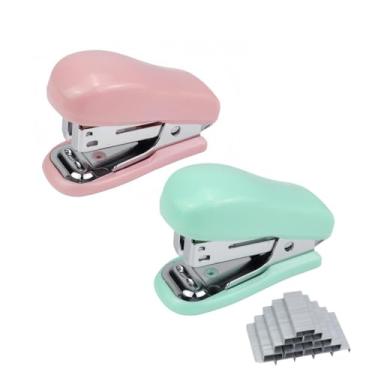Imagem de uvbws 2 mini grampeadores (rosa e verde) com grampos e desmontador, adequado como presente para estudantes ou uso no escritório