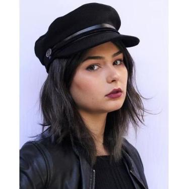 Imagem de Boina Cap Feminina Preta Militar de Feltro com Aba de Couro PU - NoBra
