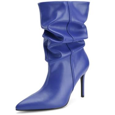 Imagem de Perisis Botas femininas de cano médio despojadas, salto alto, bico fino, botas confortáveis para outono e inverno, Poliuretano azul-royal, 36