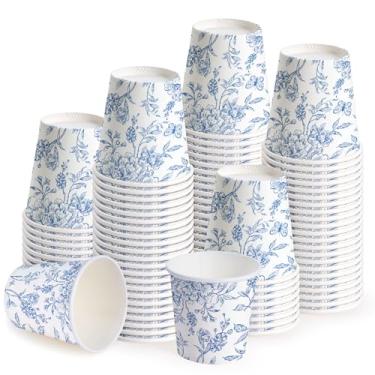 Imagem de WRAPAHOLIC Copos de papel de 85 g – Pacote com 100 copos de banheiro descartáveis com design floral azul higiênico, pequeno copo de enxaguante bucal para enxágue de escova de dentes, banheiro