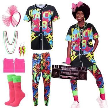 Imagem de ZhouBoat 80s Outfit for Women, 80s Accessories Costume Set with Short Sleeve Shirt Stretch Pants Fishnet Gloves Necklaces Earrings Socks Headband for Halloween Cosplay (M)