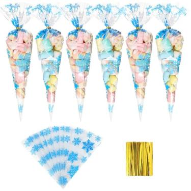 Imagem de Tatuo 100 unidades de sacos de celofane em forma de cone de Natal de 16,7 x 33 cm, flocos de neve de inverno, sacos de petiscos de cone transparente com laços torcidos para doces, pipocas, biscoitos