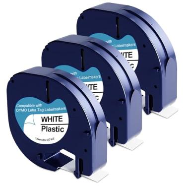 Imagem de Pacote com 3 fitas de plástico branco 91331 para refil Dymo Letratag 12 mm x 4 m 1/2 polegadas x 13 pés, funciona com máquinas de etiquetas DYMO LetraTag LT-100H LT-100T QX50