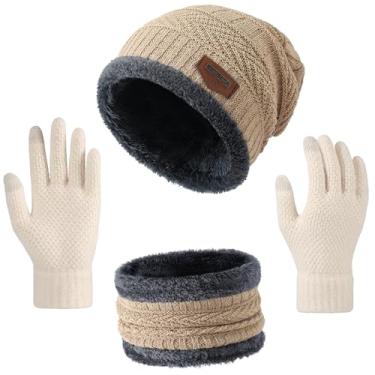 Imagem de Gorro de inverno, cachecol circular, conjunto de luvas com tela sensível ao toque, gorro de caveira de malha de neve, aquecedor de pescoço forrado com lã grossa quente para homens e mulheres