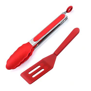 Imagem de Pinça de silicone para cozinha de aço inoxidável com cabeças de silicone, clipe de travamento antiaderente, espátula resistente ao calor para virar ovos em frigideira pequena, massa de limão