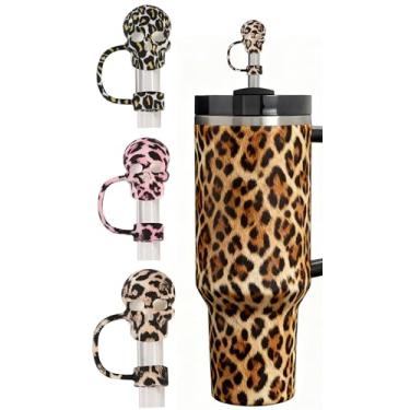 Imagem de Amreich Topos de palha de caveira com estampa de leopardo - 3 peças reutilizáveis de silicone 10 mm para Stanley Cup, presentes góticos para Halloween/Dia dos Mortos/Dia de Los Muertos