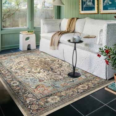 Imagem de GERUIMO Tapete lavável de 10 x 15 cm para sala de estar, azul bege boho vintage floral, grande antiderrapante, tapete de lã sintética macia, adequado para crianças e animais de estimação para quarto