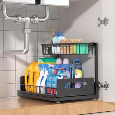 Imagem de Organizador sob a pia de 2 camadas, prateleira de armazenamento de armário de cozinha com acabamento de madeira, metal preto (preto, 1 pacote)