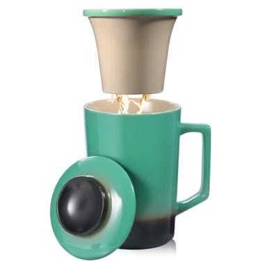 Imagem de Copo infusor de chá de porcelana de 425 g com tampa, caneca de chá de cerâmica com coadores de porcelana para chás de folhas soltas, caneca de café segura para micro-ondas e lava-louças, sem metal