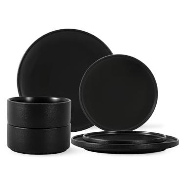 Imagem de GZG Série clássica – Conjunto de pratos e tigelas para 2 conjuntos de 6 peças de louça de grés, pode ir ao micro-ondas e à máquina de lavar louça, sem chumbo, conjunto de pratos de cerâmica artesanais