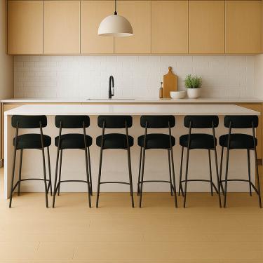 Imagem de Banqueta Cozinha Média com Encosto Industrial Preto Kit 6 Londres PU Preto D03 - D'Rossi