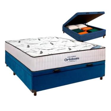 Imagem de Cama Box Bau Azul + Colchão Casal High Foam Ortobom