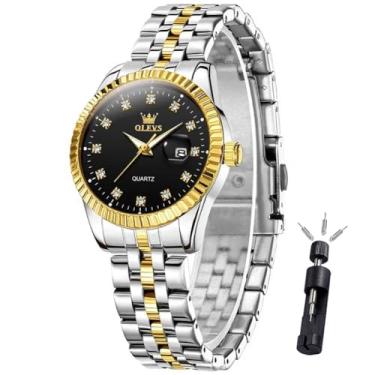 Imagem de OLEVS Relógios femininos, Dainty Gold Relógios femininos com data, relógios femininos analógicos de aço inoxidável diamante para pulsos pequenos, 5526 - Rosto preto, Round
