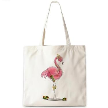 Imagem de CosxHabitat Sacola rosa tropical Flamingo Martini, presentes para amantes de coquetéis de martini, sacolas de lona, presentes de flamingo para mulheres, sacola de compras de supermercado reutilizável