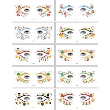 Imagem de 10 peças de adesivos de tatuagem temporária de sombra de olhos coloridos de Natal para maquiagem de floco de neve, adesivos de tatuagem temporária para mulheres, baile de máscaras de Natal