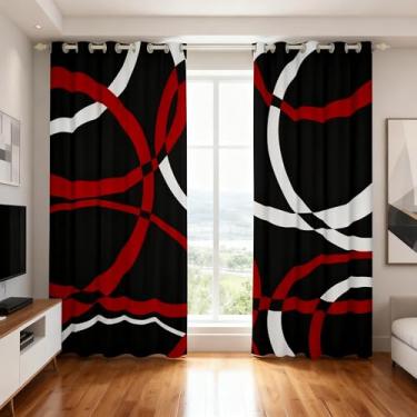 Imagem de Cortinas de janela com listras abstratas pretas vermelhas e brancas, adolescentes e adultos, cortinas geométricas circulares para quarto, cortinas retrô modernas para sala de estar, conjunto de 2