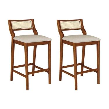 Imagem de Conjunto 2 Banquetas Lagum Jequitibá Natural Assento Linho Bege Premium Palha Sextavada