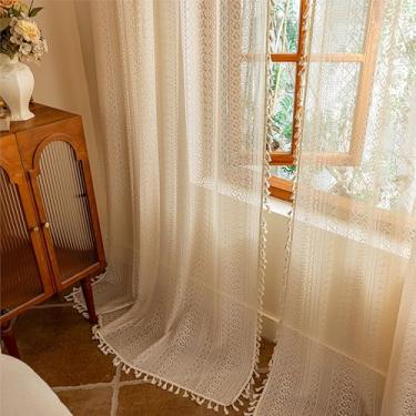 Imagem de Sutuo Home Cortinas de renda boho bege 244 cm de comprimento para sala de estar, sala de jantar, cortinas transparentes para janela de fazenda, privacidade, crochê, borlas, estilo vitoriano, rústico