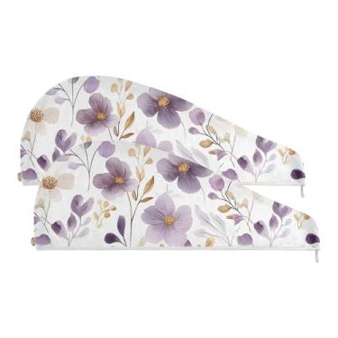 Imagem de SEHANY Toalha de cabelo de microfibra elegante flores roxas para mulheres 2 peças turbantes de cabelo de secagem rápida com botão, touca de cabelo seco absorvente toalha de secagem de cabelo para