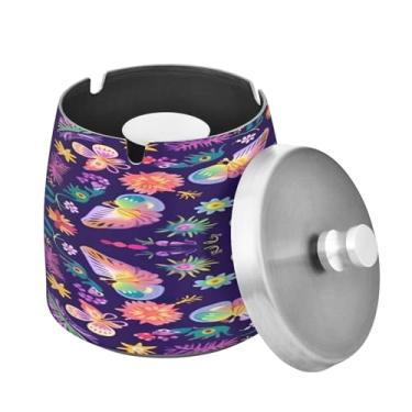 Imagem de Blueangle Cinzeiro bonito com estampa de flores com tampa para cigarros, à prova de vento/chuva, aço inoxidável, sem fumaça, inodoro, cinzeiro para uso interno ou externo (476)