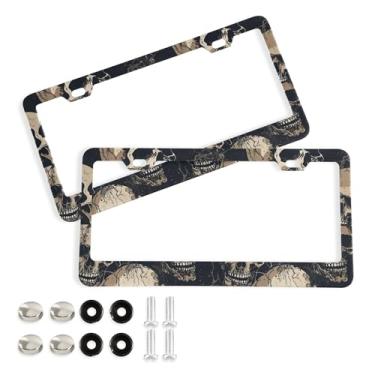 Imagem de SEHANY Molduras de placa de carro vintage rosa crânio, capas de alumínio à prova de ferrugem com furos elípticos e parafusos serve para veículos padrão dos EUA tamanho acessórios de carro para