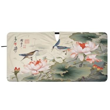 Imagem de Blueangle Guarda-sol para para-brisas florais beija-flores chineses - 149,9 cm x 76,2 cm dobrável para janela dianteira do carro blocos de para-sol raios UV viseira de sol (269)