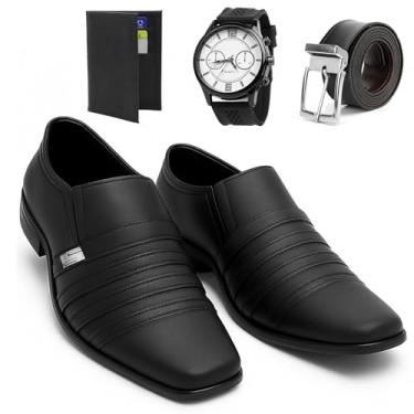 Imagem de Sapato Social Masculino Italiano Couro com Tiras Decorativas, Preto, Solado Borracha, Estilo Clássico Formal (Kit com sapato, BR, Adulto, Numérico, 37)