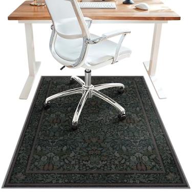 Imagem de Tapete de cadeira de escritório de 122 x 152 cm para piso de azulejo de madeira, protetor de tapete floral para cadeira de computador, tapete de vinil antiderrapante fino de pilha baixa, tapete