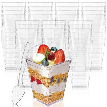 Imagem de Hiasobre Pacote com 25 copos de sobremesa de plástico transparente de 142 g com tampas e colheres, copos de aperitivo quadrados reutilizáveis Parfait, copos de servir de tiro de bagatela de festa