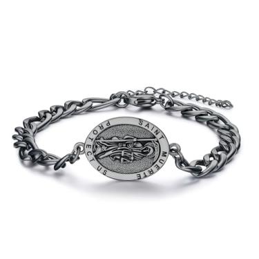 Imagem de OHAYOO Pulseira masculina Santa Muerte prata esterlina 925, pingente preto da morte sagrada, joia gótica arrojada para marido, pai, filho ou irmão, com corrente cubana de aço inoxidável