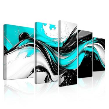 Imagem de CXHOSTENT Arte de parede abstrata azul-petróleo 5 peças verde-azulado cinza e preto impressão de imagem azul turquesa grande arte para sala de estar quarto decoração emoldurada (azul, 20 x 35 x 5 cm x