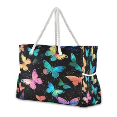 Imagem de Wassud Bolsa de praia colorida borboletas brilhantes grandes bolsas de praia para mulheres, à prova d'água, à prova de areia, bolsa de viagem com zíper e bolso para piscina academia acampamento