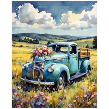 Imagem de Kit de pintura de campo por números para adultos - Caminhão azul vintage DIY com pintura de flores silvestres em tela, conjunto de tinta acrílica, adequado para iniciantes, arte para decoração de casa