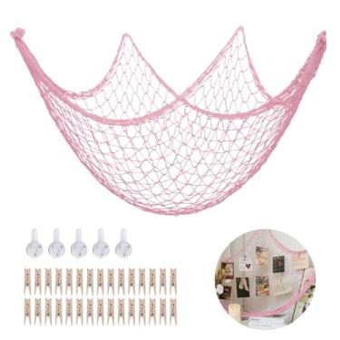Imagem de Decorações de rede de peixe, exibição de fotos para pendurar na parede de 199 x 159 cm com 30 clipes, decoração de rede de pesca para decoração de festa temática náutica do oceano pirata, decoração de
