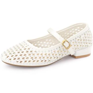 Imagem de Allegra K Sapato feminino de salto baixo com strass e bico redondo, Creme, 37