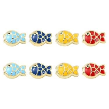 Imagem de KitBeads 8 peças, 4 cores, contas de latão esmaltado, peixe, mini oceano, mar, animal, contas banhadas a ouro 18 quilates para fazer joias, pulseiras, brincos, chaveiros, canetas, artesanato