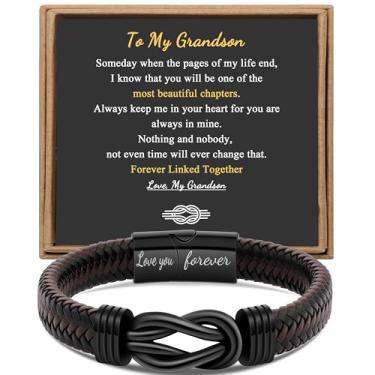 Imagem de Presente para homens, pulseira infinita para homens, pai, marido, namorado, filho, neto, irmão, sobrinho, tio, marrom, couro trançado Forever Linked Together, aço inoxidável, gravada com Love You Forever, joia 19 | 21 cm, 7.5 Inches, Aço inoxidável, Sem pedras preciosas