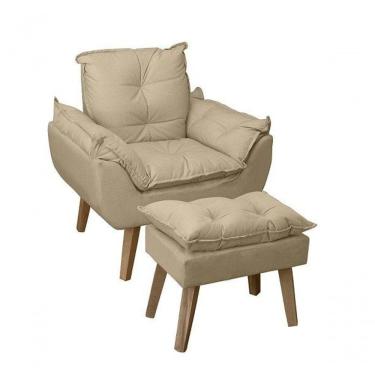 Imagem de Poltrona/cadeira Decorativa E Puff Glamour Com Pés Quadrado Bege Linho
