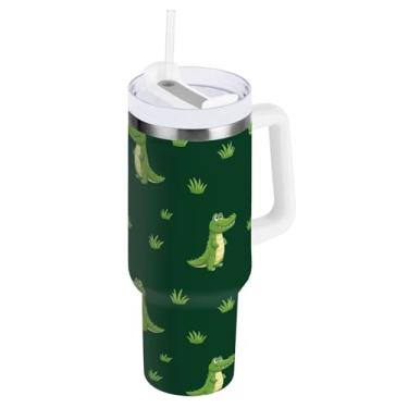 Imagem de ODAWA Copos grandes e fofos jacarés verdes com alça e canudo, copos de isolamento duplo com tampa 2 em 1