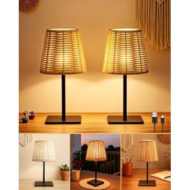 Imagem de Pacote com 2 Candeeiros de mesa de vime, sem fio, recarregável, boho, para quarto, sala de estar, lâmpada de vime tecida com LED regulável, candeeiro de mesa portátil de bambu para mesa, abajur de
