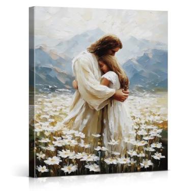 Imagem de Impressão de arte de parede Jesus Cristão Seu Amor Jesus Abraçando Mulher Pintura em Tela Arte Religiosa Decoração de Parede para Casa Sala de Estar Quarto 20x25 Emoldurado