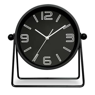 Imagem de QIYAODECO Relógio de mesa de metal vintage para quarto, com ângulo ajustável pequeno, relógio de cabeceira operado por bateria, mesa decorativa, decoração preta estilo antigo, presente adulto infantil